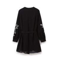 Vintage Women Front Button With Belt Floral Embroidery Short Dress Long Sleeve V Neck Autumn Casual Dress Black - details 1