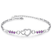 925 Sterling Silver Bracelet Purple Crystal Zircon Heart For Woman Charm Bracelet Jewelry Gift - details 5