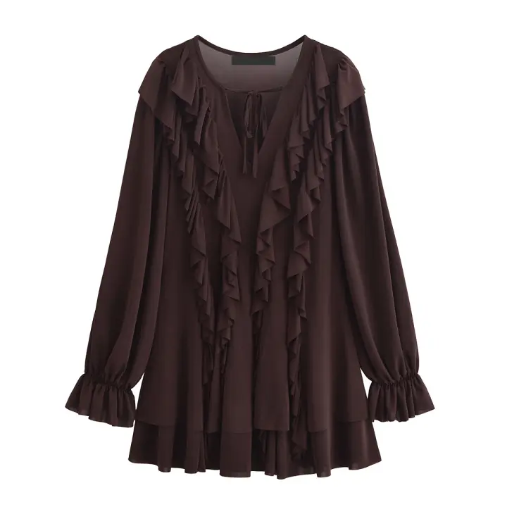 Primavera 2025 mujeres con cordones cuello redondo Vestidos cortos con volantes elegante sólido manga larga A-line Mini vestido de verano Vestidos de mujer - 1