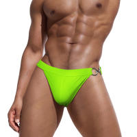 Jessborn pantalones cortos de natación de media cadera para hombre, bañador sexy de un solo lado con botón de metal, color sólido, Playa - details 7