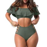 Conjunto de Bikini con hombros descubiertos, sujetador Bandeau con ribete con volantes, bañadores calados de cintura alta, traje de baño con realce, 2 unidades por juego - details 18