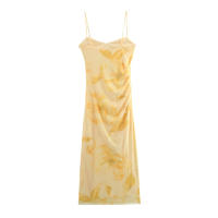 TRAFZA Vestido midi de moda para vacaciones de verano para mujer, estampado de flores, tul sin mangas, plisado, con cremallera lateral, vestidos de playa forrados - details 2