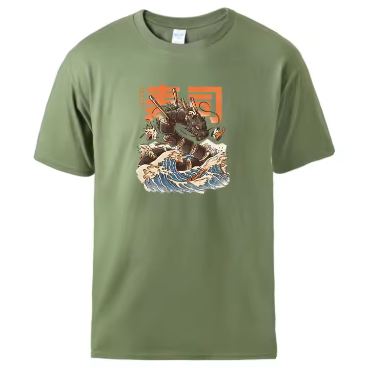 Camisetas con estampado de superficie de mar de dragón de Sushi para hombres, camisetas suaves con cuello redondo, ropa informal transpirable, camisetas originales de algodón - 1