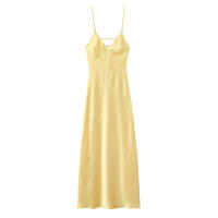 2025 mujeres amarillo satén tirantes espagueti vestido Sexy moda espalda descubierta cuello en V A-line Midi Vestidos de verano Vestidos de noche - details 0