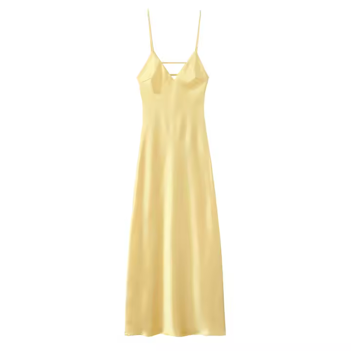 2025 mujeres amarillo satén tirantes espagueti vestido Sexy moda espalda descubierta cuello en V A-line Midi Vestidos de verano Vestidos de noche - 1