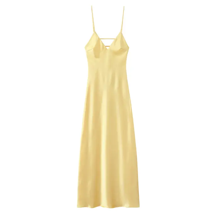 2025 mujeres amarillo satén tirantes espagueti vestido Sexy moda espalda descubierta cuello en V A-line Midi Vestidos de verano Vestidos de noche - 1