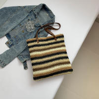 Bolso de hombro a rayas para mujer, bolsa de paja tejida a mano, portátil, de gran capacidad, informal - details 15