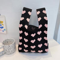 Bolsos de Mano de Punto con Patrón de Corazón Nuevos para Mujeres Hechos a Mano con Lazo Bolso de Muñeca Casual Pequeño Bolso de Compras Reutilizable para Niñas - details 2