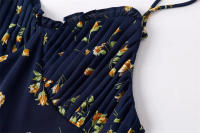 V-neck wooden ear edge pleated camisole dress for women in Europe and America, slim fit print, high waisted beach resort, mid length skirt - details 1