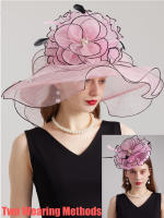Sombreros Derby elegantes de Organza para mujer, gorro de ala ancha para novia, boda, flor grande, iglesia, sombrilla, 2024 - details 2