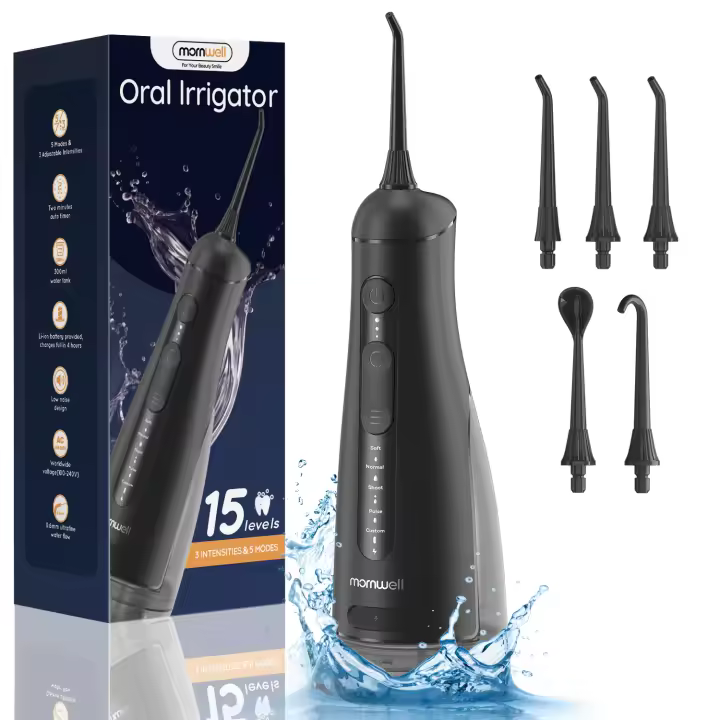 Irrigador bucal portátil con 5 puntas de chorro, 5 modos de limpieza de 3 presiones de agua, tanque de agua de 300 ml, hilo dental impermeable IPX7 - 1