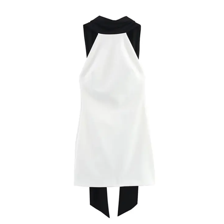 TRAFZA-minivestido ajustado sin mangas para mujer, moda de verano, blanco, cuello medio alto, cremallera, estilo de vacaciones, vestidos con espalda descubierta - 1