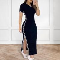 Vestido elegante de verano para mujer, vestido largo ajustado a rayas con cuello redondo y abertura lateral, Color sólido, manga corta - details 4