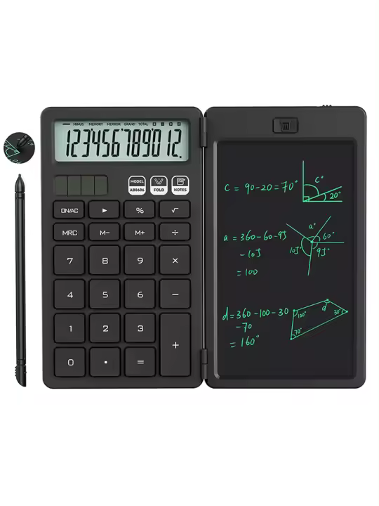 NEWYES Calculadora Básica Portátil con Bloc de Notas, Tableta de Escritura, Pantalla de 2 Líneas, Pantalla Grande de 12 Dígitos, Energía Solar Recargable para Estudiantes de Primaria y Secundaria, Oficina - 1