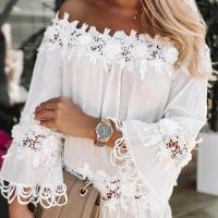 Vestido de Verano 2023 con Aplicación de Flor Hueca Hombros Descubiertos, Manga de Trompeta, Vestido Midi para Mujeres - details 7