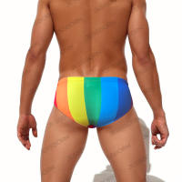 Jessborn calzoncillos de baño para hombre, traje de baño sexy con rayas gruesas de arcoíris, pantalones cortos de cintura baja para surfear en la playa, primavera caliente - details 4