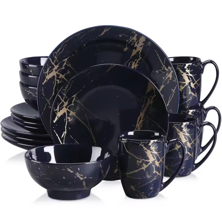 Juego de vajilla de porcelana azul oscuro, diseño de salpicaduras doradas con plato para cena, pastel, cuencos, tazas de café, 16 piezas - 1