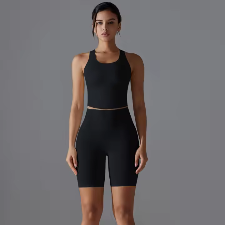 Hamidou-chándal de Yoga para mujer, conjunto deportivo de entrenamiento sin mangas, Tops de gimnasio, pantalones cortos de cintura alta para correr, ciclismo y gimnasio - 1