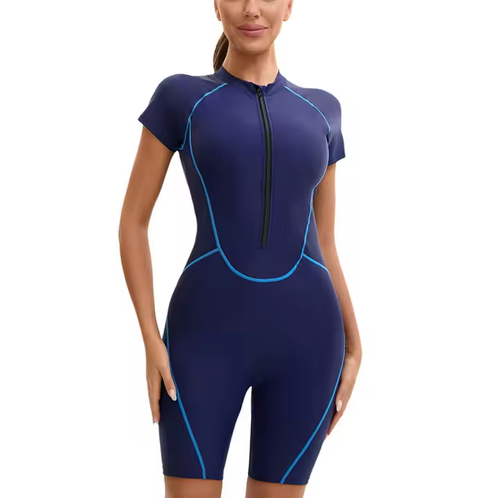 Uniforme de Baño de Una Pieza Ajuste Ajustado Material de Nylon Diseño de Bloques de Color - 1