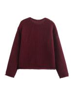 Women Wine Red Chunky-knit Cardigan Long Sleeve O Neck With Pockets Sweater  Outerwear Female Autumn Winter Crop Coat - details 8