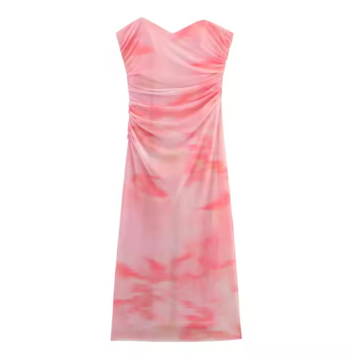 TRAFZA, vestidos estampados de estilo playero de verano para mujer, sin tirantes, sin mangas, plisado con cremallera, vestido Midi de tul con dobladillo dividido y espalda descubierta - 1