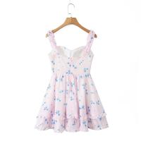 Summer Women Floral Print Sling Mini Dress Ear Fungus Edge Straps Hem Ruffle A-line Holiday Party Dresses Chiffon Robe - details 8