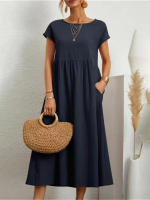 Elegante Vestido Maxi de Verano Manga Corta, Cuello O, Estilo Harajuku Vintage, Vestido Largo de Lino y Algodón con Bolsillos Y2K - details 4
