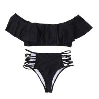 Conjunto de Bikini con hombros descubiertos, sujetador Bandeau con ribete con volantes, bañadores calados de cintura alta, traje de baño con realce, 2 unidades por juego - details 14