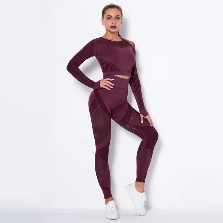 Conjunto de Yoga Sin Costuras Hueco Out para Mujeres Traje Deportivo de 2 Piezas Top Corto Sujetador Leggings Para Gimnasio Fitness Set de Primavera/Verano Hecho en China Material Elástico y Poliéster - 1