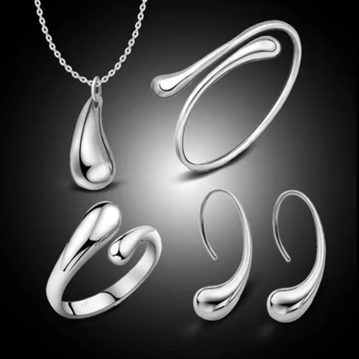 Collar de Gotas de Agua con Joyería Europeya y Americana ZhongT Set de Cuatro Piezas en Plata 925 con Aretes Anillo Pulsera Regalo - 1