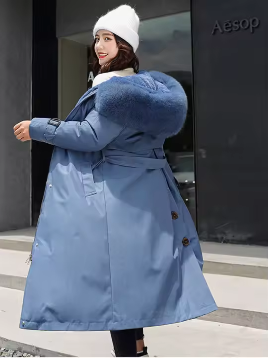 Chaqueta de invierno con capucha para mujer, Parka larga y gruesa con relleno de piel sintética, chaqueta desmontable de talla grande - 1