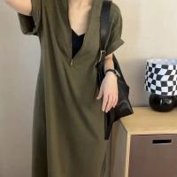 Vestidos con capucha informales negros de gran tamaño con textura a la moda de verano para mujer, ropa de calle, Vestido de playa de manga corta con media cremallera - details 0