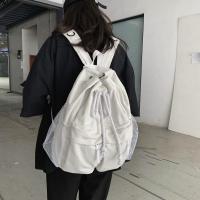 Mochila escolar de gran capacidad con cordón para estudiantes, bolso de lona informal para computadora portátil para mujer, paquete de viaje simple de Color sólido - details 1