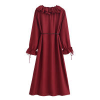 Spring 2025 Women Layered Ruffle V Neck A-line Midi Dress Long Sleeve With Belt Elegant Lady Dresses Burgundy Vestidos - details 1