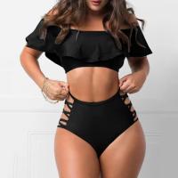 Conjunto de Bikini con hombros descubiertos, sujetador Bandeau con ribete con volantes, bañadores calados de cintura alta, traje de baño con realce, 2 unidades por juego - details 8
