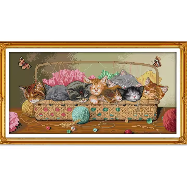 Kit de punto de cruz de gatitos recién nacidos en la cesta, lienzo impreso de algodón 11ct, bordado de punto de cruz, costura hecha a mano DIY - 1