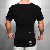 Summer Casual Cotton Breathable Slim T shirt Gym Fitness T-shirt New Fashion Hip Hop Short Sleeves Square Collar Hole Clothing - details 4