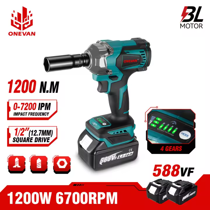 Llave de impacto eléctrica sin escobillas ONEVAN 1200N.M de 1/2 pulgada, destornillador eléctrico inalámbrico, herramienta eléctrica para batería de 21V 18V - 1