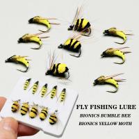 6 uds/10 Uds moscas de pesca con mosca señuelo biónico abejorro y polilla amarilla cebo pesca para carpa lubina salmón trucha agua dulce agua salada moscas húmedas equipo de pesca - details 0