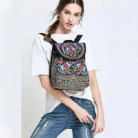 Mochila de lona con diseño bordado hecho a mano Retro para mujer, bolso de hombro de viaje, mochila étnica de gran capacidad - details 3