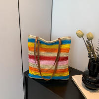 Bolso de hombro a rayas para mujer, bolsa de paja tejida a mano, portátil, de gran capacidad, informal - details 2