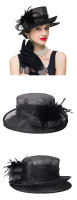 Sombreros de Sinamay azul marino de verano, sombrero Formal plano para iglesia para mujer, gorros de novia para boda con plumas, tocados de lujo - details 1