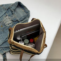 Bolso de hombro a rayas para mujer, bolsa de paja tejida a mano, portátil, de gran capacidad, informal - details 16