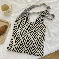 Bolso de mano de punto hecho a mano para mujer, bolso de hombro con nudo minimalista, bolso de mano informal, reutilizable, Color de contraste geométrico, moda - details 12