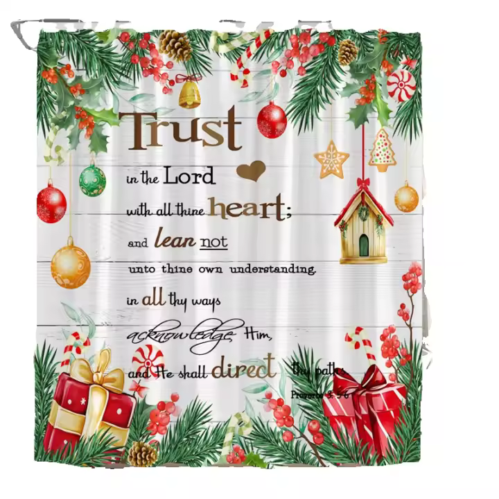 Cortinas de ducha navideñas de Año Nuevo, rama de pino verde, bolas de Navidad, bayas rojas, regalos, confianza en el Señor, conjunto de decoración de cortinas de baño - 1