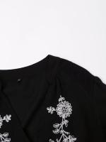 Vintage Women Front Button With Belt Floral Embroidery Short Dress Long Sleeve V Neck Autumn Casual Dress Black - details 4