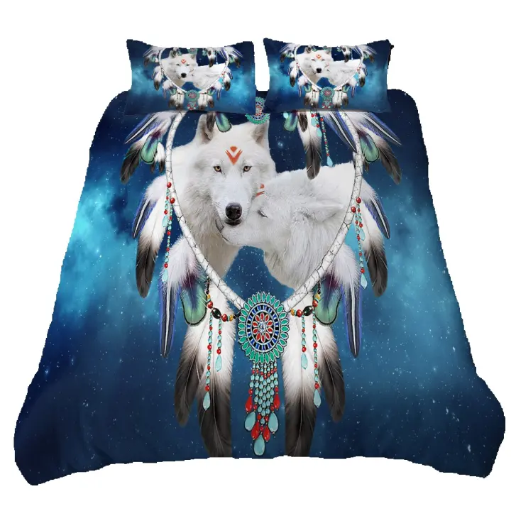 Funda de edredón, juego de funda nórdica con diseño de lobo y atrapasueños de arte Digital, juego de ropa de cama individual de tamaño doble, tamaño King y Queen de EE. UU. - 1