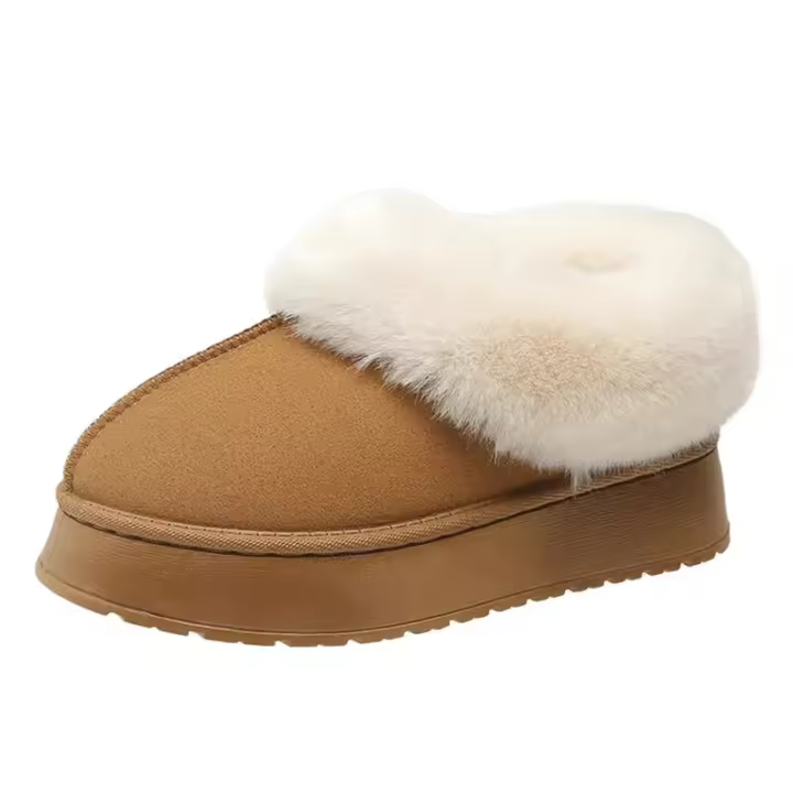Zapatillas de algodón con plataforma gruesa de felpa para mujer, zapatos de tacón plano, piel, gamuza sintética, esponjoso, cálido, invierno, nuevo - 1