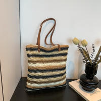 Bolso de hombro a rayas para mujer, bolsa de paja tejida a mano, portátil, de gran capacidad, informal - details 14