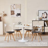 Un juego de 4 sillas de comedor modernas transparentes con patas de madera de haya tapizadas en cuero para sala de estar, cocina, oficina y salón. - details 1